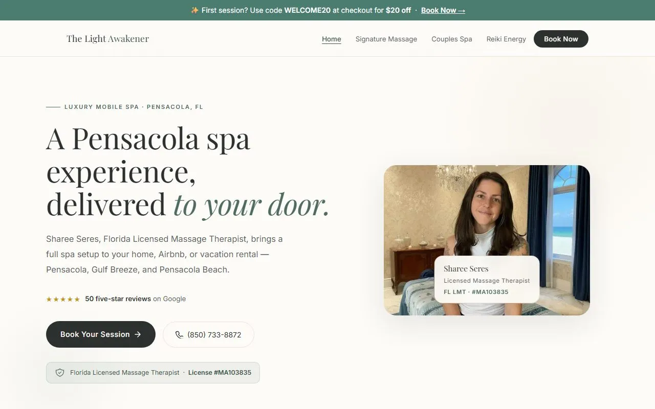 The Light Awakener website homepage on desktop, showing the practice’s premium presentation and booking call to action.