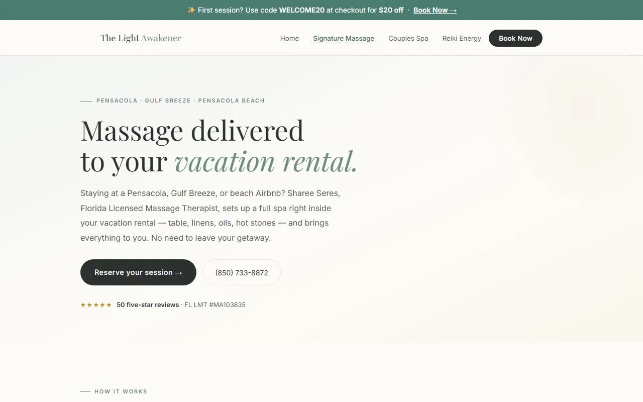 A service page from The Light Awakener website, showing the structured content and booking path.