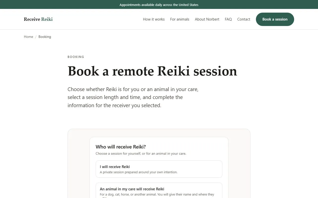 The Receive Reiki custom booking page, where a visitor chooses who the session is for before selecting a session length and time.
