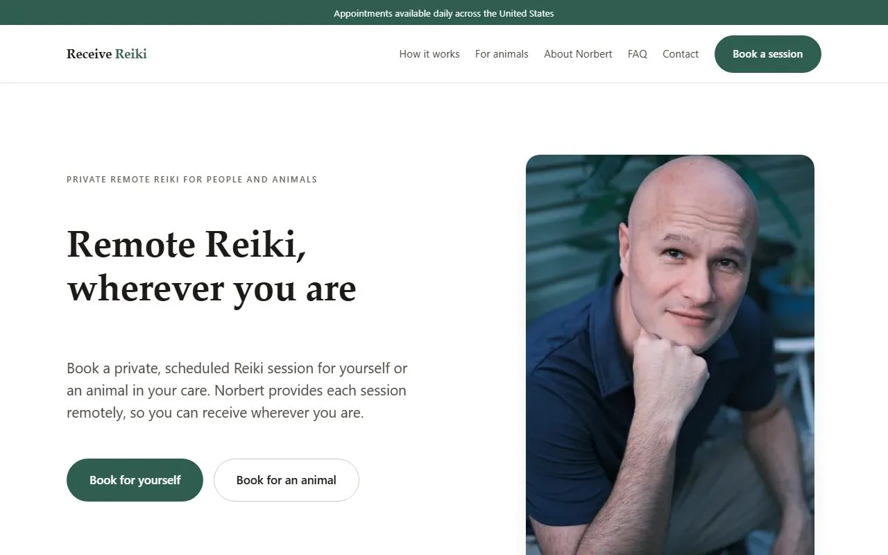 The Receive Reiki website homepage on desktop, showing the remote Reiki offering and booking calls to action.